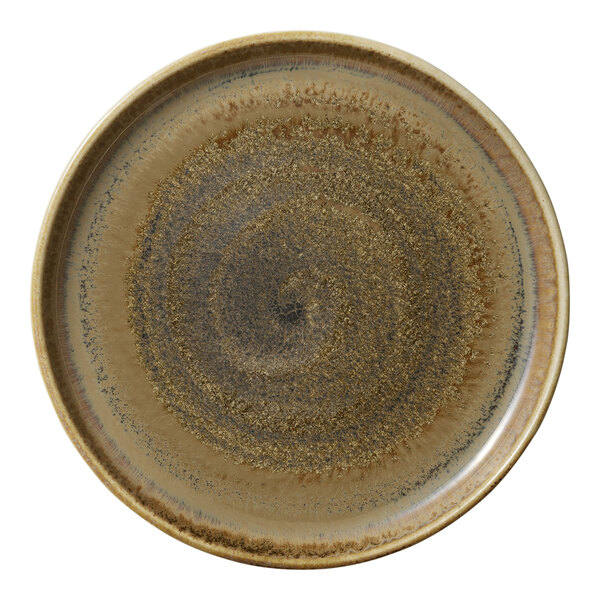 A brown porcelain plate with a raised rim and a swirl pattern.