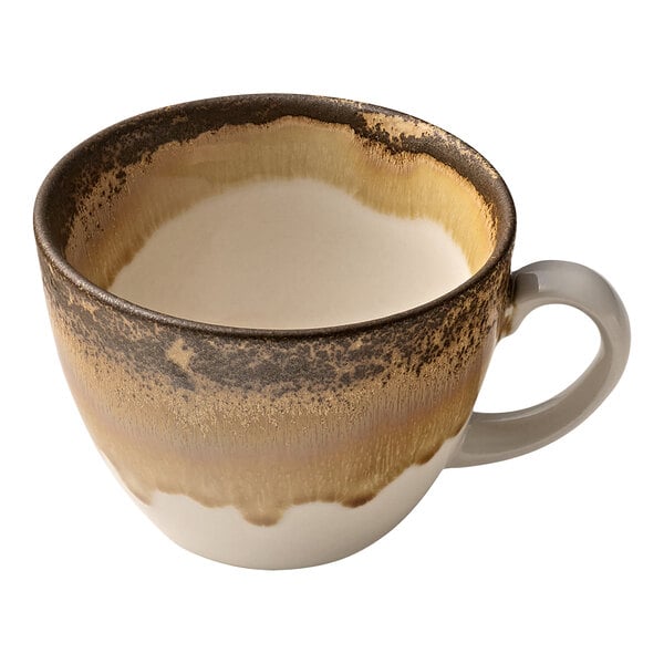 A Heart & Soul porcelain coffee cup with a white and brown rim and handle.