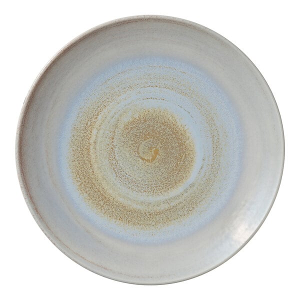 A white porcelain coupe plate with brown and gold speckles on the rim.