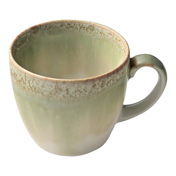 A white porcelain espresso cup with a handle.