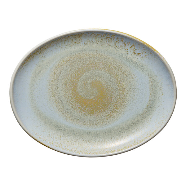 A white porcelain oval platter with a swirl design on the edges.