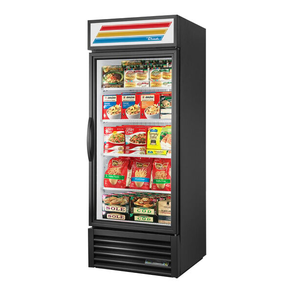 A black True Glass Door Merchandiser refrigerator/freezer with food on the shelves.