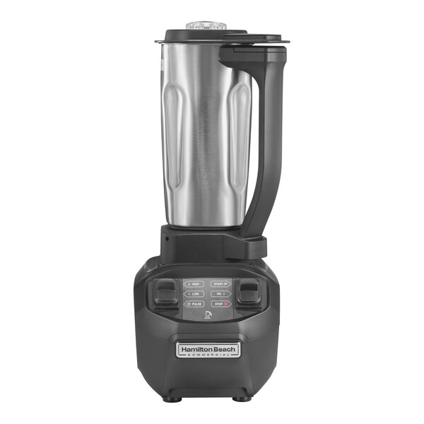 A Hamilton Beach commercial drink blender with a silver container and black and silver lid.