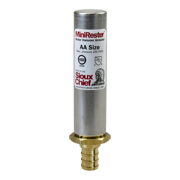 A Sioux Chief MiniRester water hammer arrestor with a red and white label