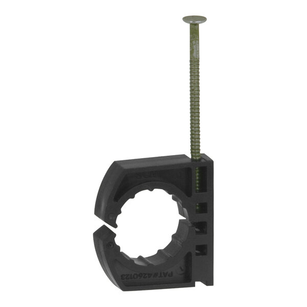 A black plastic Sioux Chief tube hanger clamp with a screw in it.
