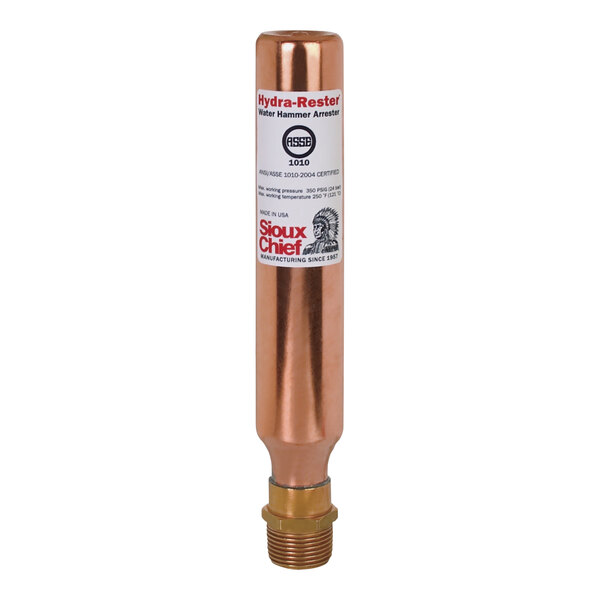 A copper Sioux Chief water hammer arrestor with a white label.