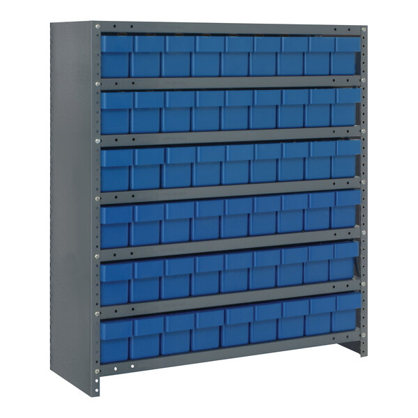 A Quantum steel shelving system with blue bins on the shelves.