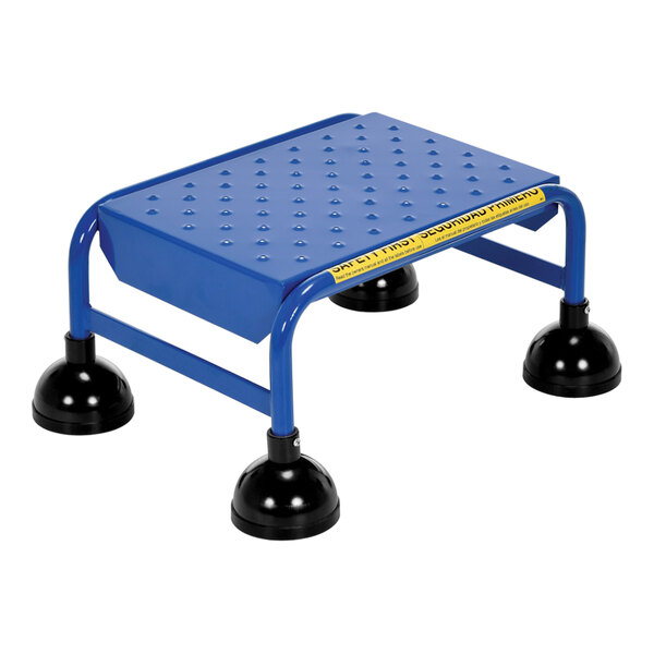 A blue Vestil commercial rolling step ladder with black rubber feet.