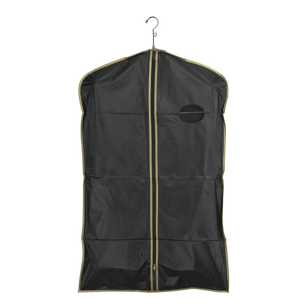 A black Econoco garment bag with gold trim and an oval window.