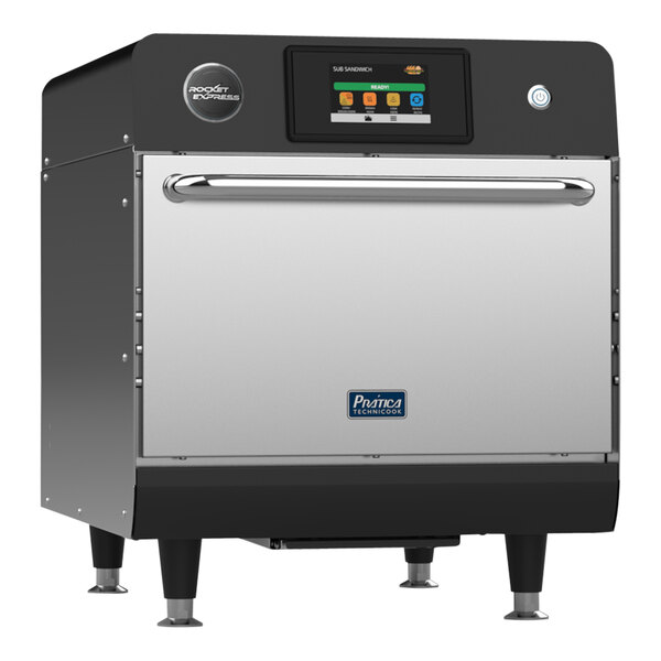 A black and silver Pratica Rocket Express high-speed oven on a counter in a professional kitchen with a digital display.