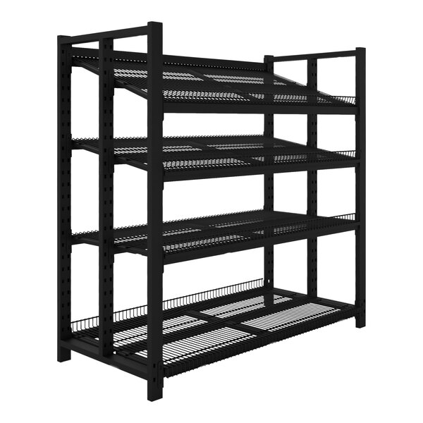 A black metal Wanzl beer cave shelving unit with five shelves.