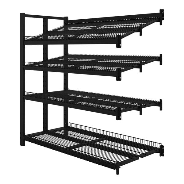 A black metal shelving rack with four mesh shelves.