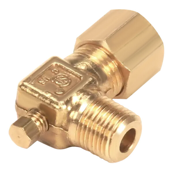 A gold colored metal pipe connector on a Garland pilot adjustment valve.