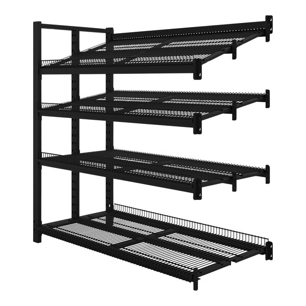 A black metal shelf with metal grate shelves.