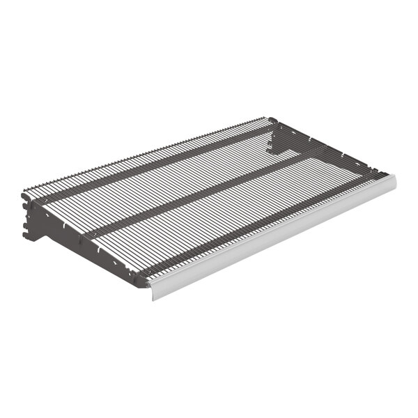 A Wanzl Wire Tech metal shelf with black and white stripes.
