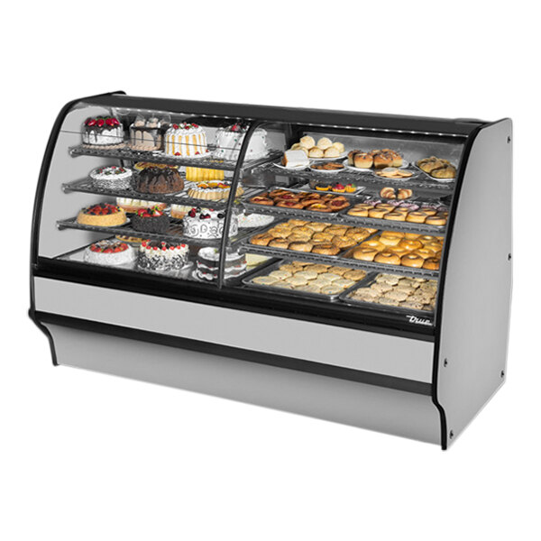 True TGM-DZ-77-SC/SC-S-S 77 1/4" Curved Glass Stainless Steel Refrigerated Dual Zone Bakery Display Case with Stainless Steel Interior