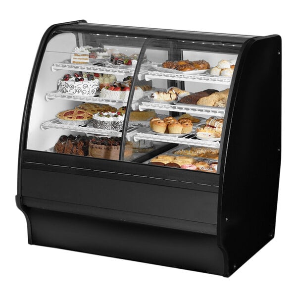 True TGM-DZ-48-SC/SC-B-W 48 1/4" Curved Glass Black Refrigerated Dual Zone Bakery Display Case with White Interior