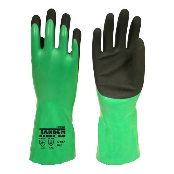 Cordova Tandem Chem Green Nitrile Gloves with Black Sandy Nitrile Palm Coating - 2X - 12/Pack