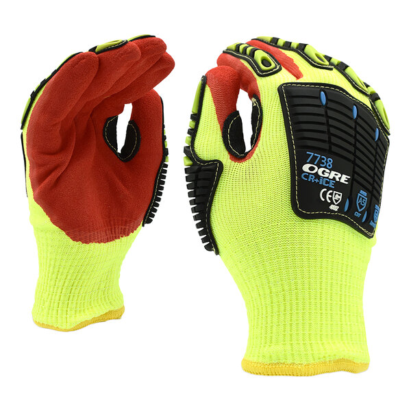 Cordova OGRE-CR+Ice Yellow 13 Gauge Thermal HPPE / Glass Fiber Gloves with Red Sandy Nitrile Palm Coating and TPR Reinforcements - Large