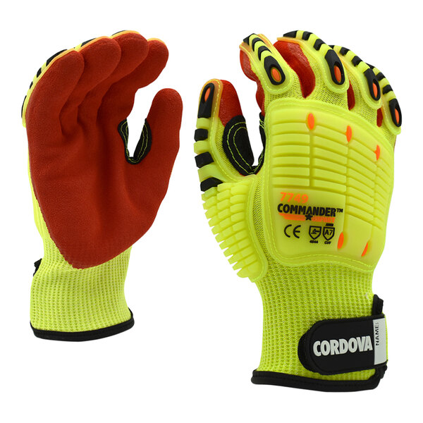 Cordova Commander Impact Hi-Vis Yellow 13 Gauge HPPE / Steel / Glass Fiber Cut-Resistant Gloves with Red Sandy Nitrile Palm Coating - Large