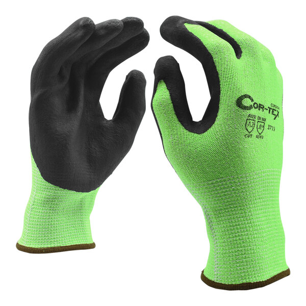 Cordova Cor-Tex Hi-Vis Lime 13 Gauge HPPE Gloves with Black Foam Nitrile Palm Coating - Small