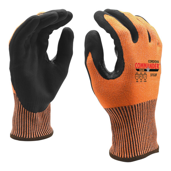 Cordova Commander Orange 13 Gauge HPPE / Steel / Glass Fiber Cut-Resistant Touchscreen Gloves with Black Foam Nitrile Palm Coating - Large