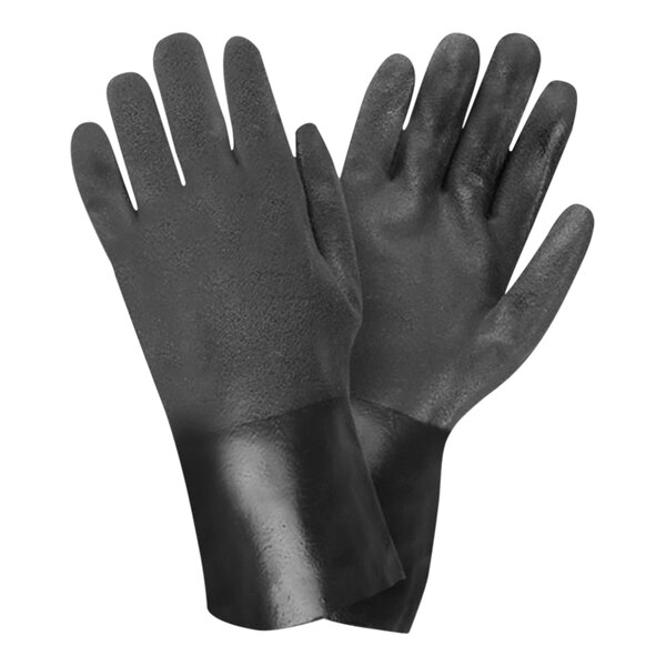 Cordova Black 12" Large Double-Dipped Sandpaper PVC Gloves with Interlock Lining - 12/Pack