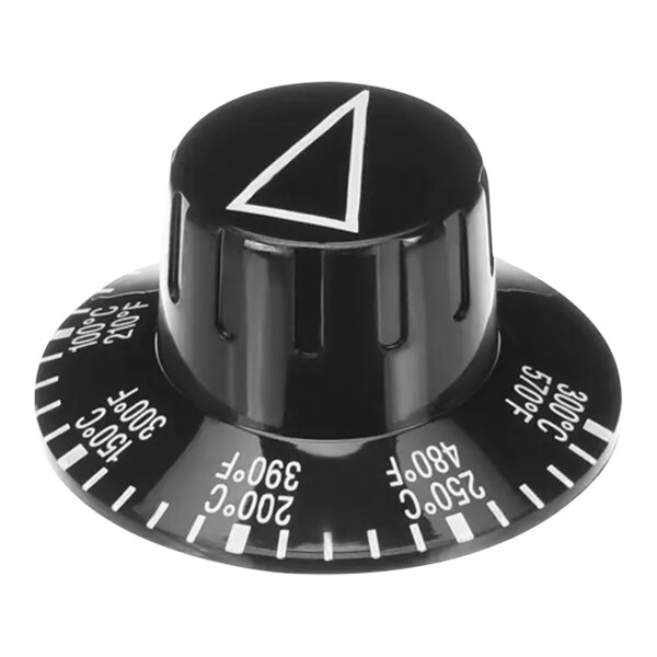 A close-up of a black Hatco thermostat knob with white text and a triangle.