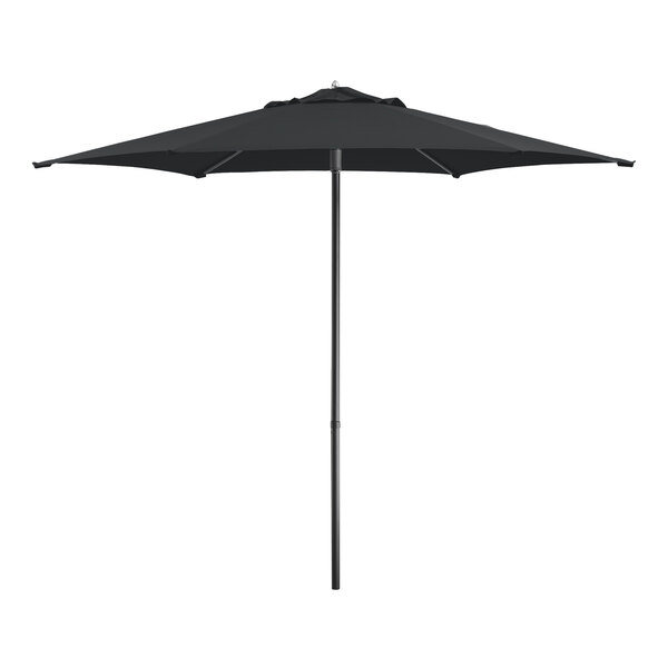 Lancaster Table & Seating 9' Round Black and White Stripe Push Lift Woodgrain Aluminum Umbrella