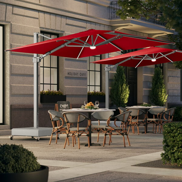 Lancaster Table & Seating 10' Square Red Crank Lift Silver Aluminum Cantilever Umbrella with Lights