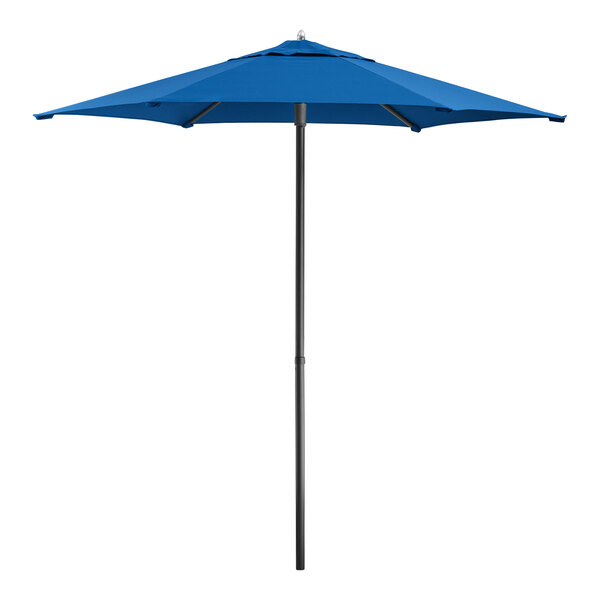 Lancaster Table & Seating 7 1/2' Round Cobalt Push Lift Woodgrain Aluminum Umbrella