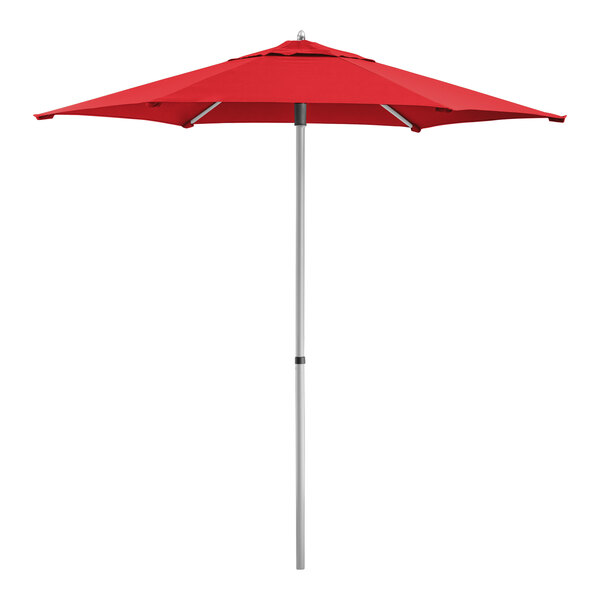 Lancaster Table & Seating 7 1/2' Round Red Push Lift Silver Aluminum Umbrella