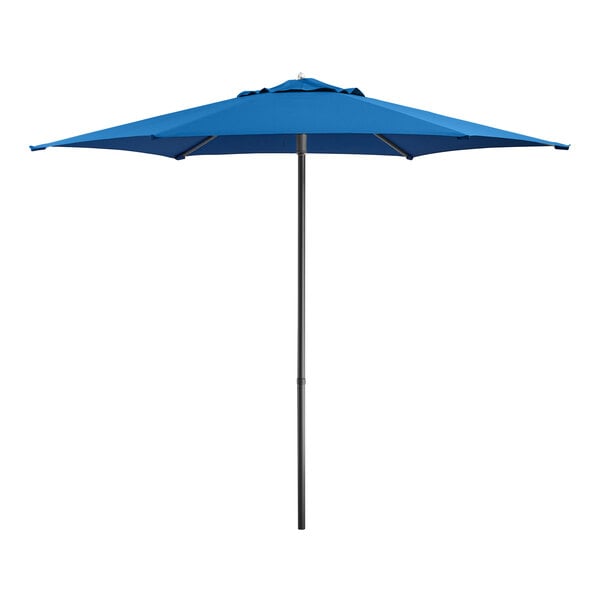 Lancaster Table & Seating 9' Round Cobalt Push Lift Woodgrain Aluminum Umbrella