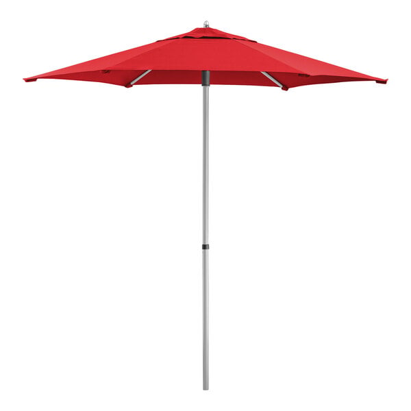 Lancaster Table & Seating 7 1/2' Round Red Push Lift Woodgrain Aluminum Umbrella
