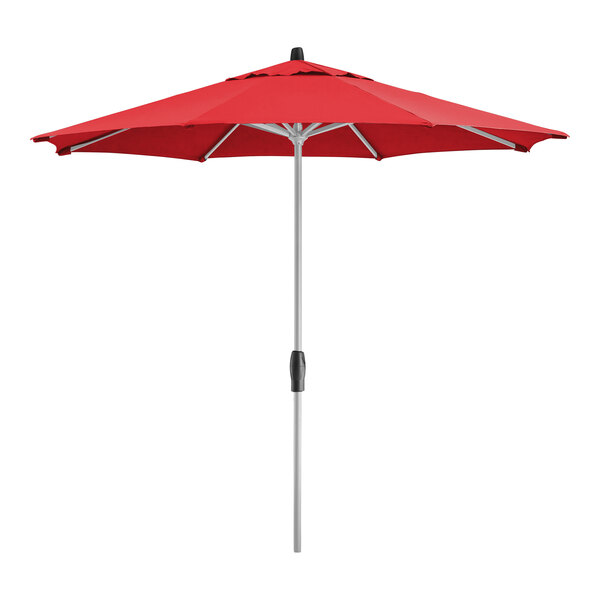 Lancaster Table & Seating 9' Round Red Crank Lift Auto Tilt Silver Aluminum Umbrella