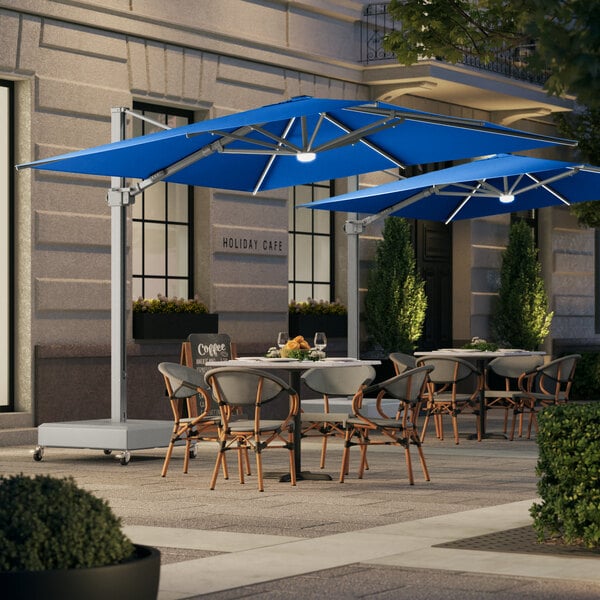 Lancaster Table & Seating 10' Square Cobalt Crank Lift Silver Aluminum Cantilever Umbrella with Lights
