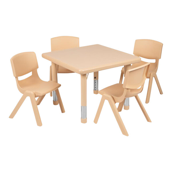 Flash Furniture Emmy 14 1/2"-23 3/4" Adjustable Height Square Natural Plastic Classroom Activity Table with (4) 10 1/2" Chairs