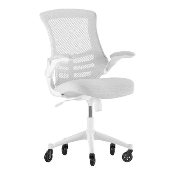 Flash Furniture Kelista Light Gray Mesh Mid-Back Swivel Ergonomic Office Chair / Task Chair with White Frame, Flip-Up Arms, and Roller Wheels