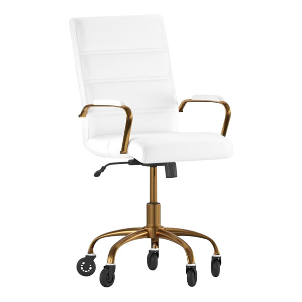 Flash Furniture Camilia White LeatherSoft Mid-Back Swivel Office Chair with Gold Frame, Arms, and Roller Wheels