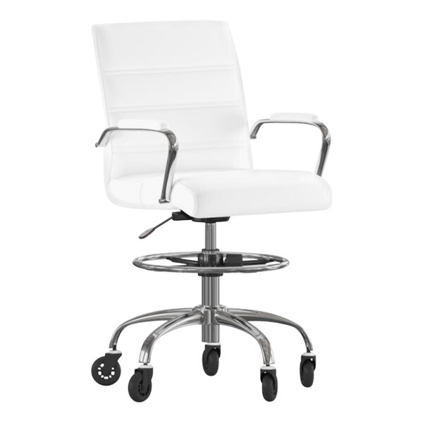Flash Furniture Lexi White LeatherSoft Mid-Back Swivel Drafting Chair with Chrome Base, Adjustable Foot Ring, and Roller Wheels