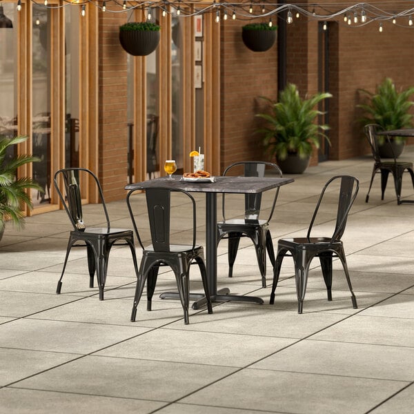 Lancaster Table & Seating Excalibur 36" x 36" Square Smooth Paladina Standard Height Table with 4 Alloy Series Onyx Black Outdoor Cafe Chairs