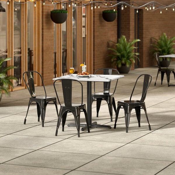 Lancaster Table & Seating Excalibur 36" x 36" Square Smooth Versilla Standard Height Table with 4 Alloy Series Onyx Black Outdoor Cafe Chairs