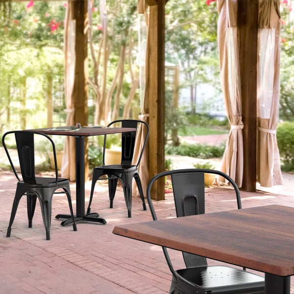 Lancaster Table & Seating Excalibur 27 1/2" x 27 1/2" Square Textured Walnut Standard Height Table with 2 Alloy Series Black Outdoor Cafe Chairs