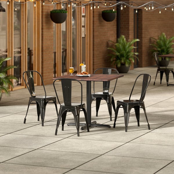 Lancaster Table & Seating Excalibur 36" x 36" Square Textured Walnut Standard Height Table with 4 Alloy Series Black Outdoor Cafe Chairs