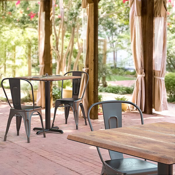 Lancaster Table & Seating Excalibur 27 1/2" x 27 1/2" Square Textured Yukon Oak Standard Height Table with 2 Alloy Series Black Outdoor Cafe Chairs