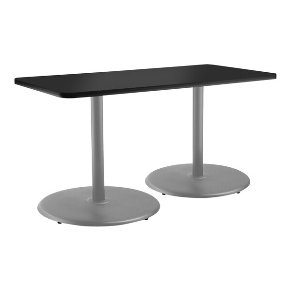 National Public Seating 30" x 72" Black Standard Height Cafe Table with Particleboard Core, Round Base, and Gray Frame
