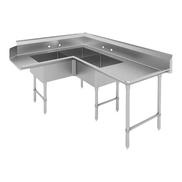 Advance Tabco DTC-3-K20-96R 96" Soiled / Dirty Dishtable with 3-Compartment Corner Sink - 20" x 20" x 12" Bowls - Right Drainboard
