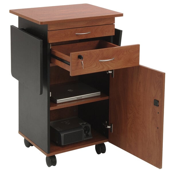 A wood and black Oklahoma Sound multimedia cart with a laptop on top.