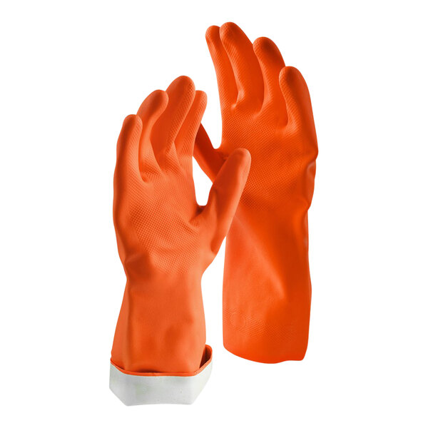 Libman 13" Orange 25 Mil Premium Latex Rubber Gloves with Flock Lining - Large - 12/Case