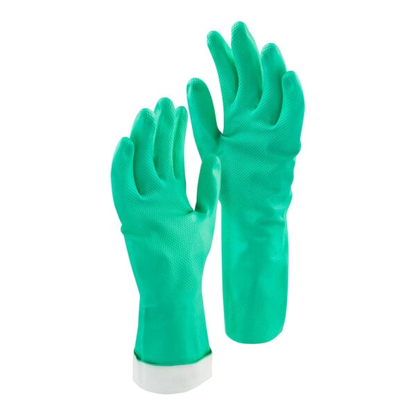 Libman 13" Green 14 Mil Heavy-Duty Unlined Nitrile Rubber Gloves - Large - 12/Case